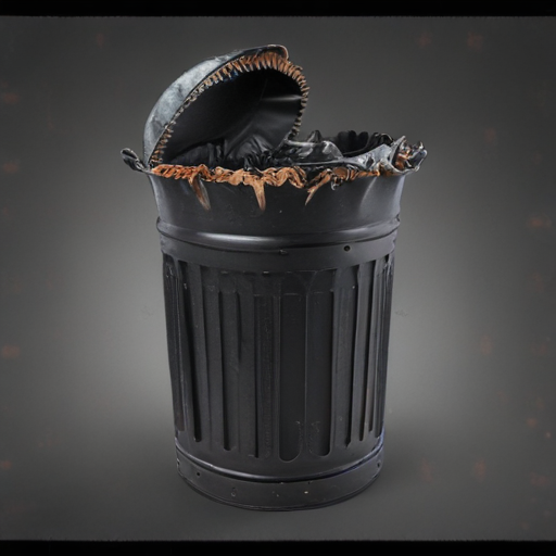 A Classic Black Trash Can with Open Lid and Tattered Edges