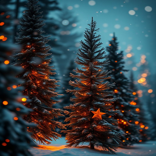 Create a serene winter landscape featuring tall evergreen trees adorned with warm golden lights surrounded by softly falling snowflakes in a dreamy twilight setting with a blurred background of glowing orbs and a gentle ambiance of holiday spirit.
