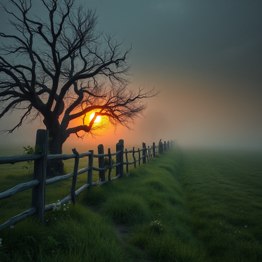 A serene countryside landscape at dawn, with a misty orange glow filling the air. The sun rises behind a large twisted and gnarled bare tree, casting a warm light over the scene. A rustic wooden fence, weathered and overgrown with vines and delicate wildflowers along the fence line, stretches into the distance, dividing a grassy field that fades into the fog. The grass is dew-kissed and shimmering, and there's a touch of mist rising from the ground. The sky gradually fades into darker shades as it reaches higher, enhancing the peaceful, dreamlike dark fantasy atmosphere