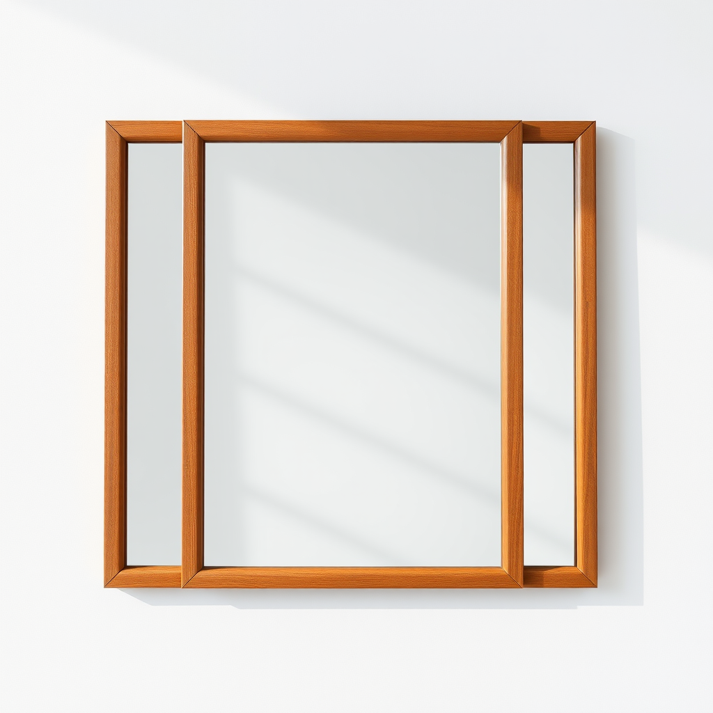 Create a high-resolution image of a rectangular wooden-framed mirror with a clean reflection on a plain background, shot with a DSLR camera at f/8 aperture, 50mm lens, ISO 100, using natural lighting from the left to enhance reflections and textures.