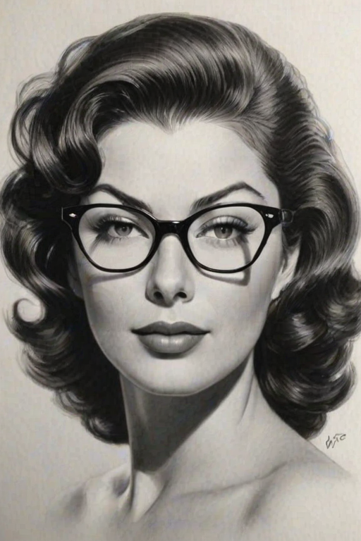 Gorgeous Ava Gardner, pencil sketch, portrait of Bewitching woman 1967s in glasses, hair style beatnik, outline, clear lines, fine lines, 8k