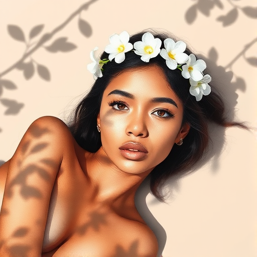 create a watercolor painting of an ethereal portrait of beautiful Samoan woman with a simple white flower crown on her head. Her hair is long and she is lying on the ground. The sunlight on the trees casts shadows from the leaves on her face and body. The background is a neutral brown color that matches her skin tone. The image is minimalist and solid colors. This style is characterized by soft, delicate brushstrokes and a light, airy, contrasting color palette. High level of detail and play of light
