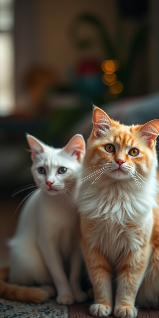 A cozy indoor scene featuring two cats, one white and one golden, with soft lighting, shallow depth of field, taken with a DSLR camera at f/2.8, ISO 200, 50mm lens, with a focus on the cats in a soft bokeh background, emphasizing their fur textures and expressions.