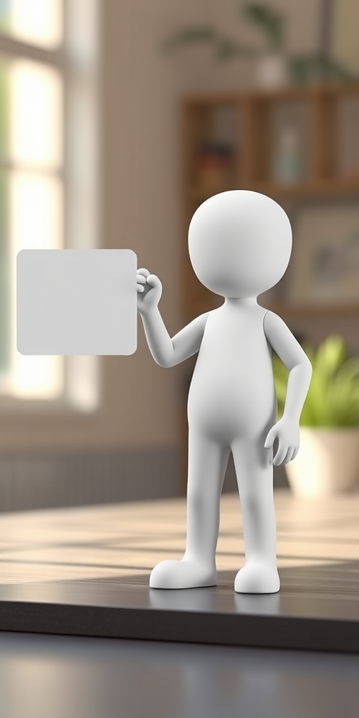 Create a 3D rendering of a white, featureless humanoid figure standing with one hand raised, accompanied by a blank speech bubble, using a Canon EOS R5 camera with an 85mm f/1.2 lens, at ISO 100, f/1.2 aperture, with soft natural lighting, and a shallow depth of field to enhance background blur.
