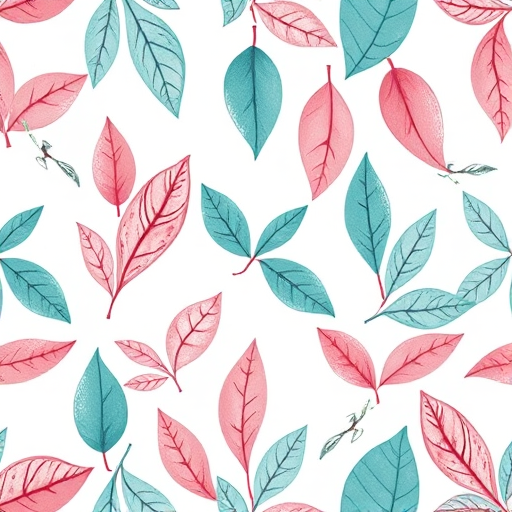 Create a seamless pattern of hand-drawn leaves in pink and teal on a white background, using a high-resolution digital camera, with a focal length of 50mm, aperture set to f/2.8, and a slight top-down angle for an artistic perspective.