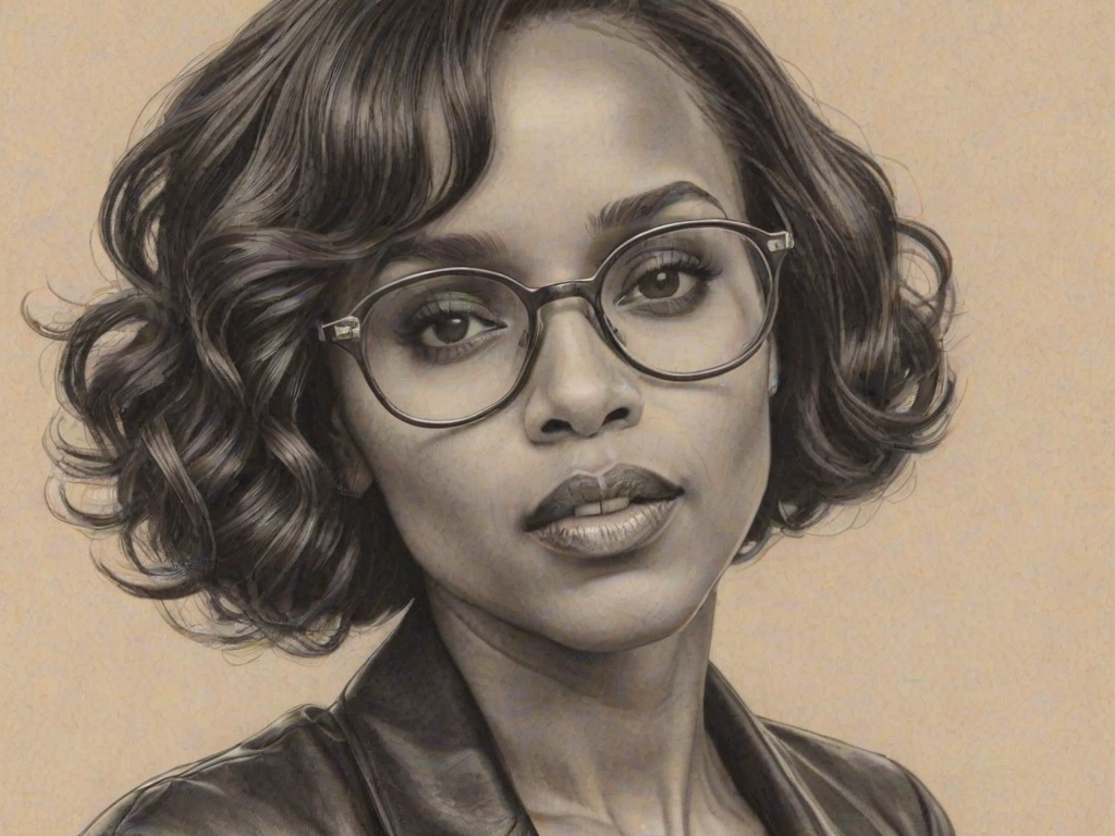 Enticing Kerry Washington, pencil sketch, portrait of Enticing woman 1925s in glasses, hair style beatnik, outline, clear lines, fine lines, 8k