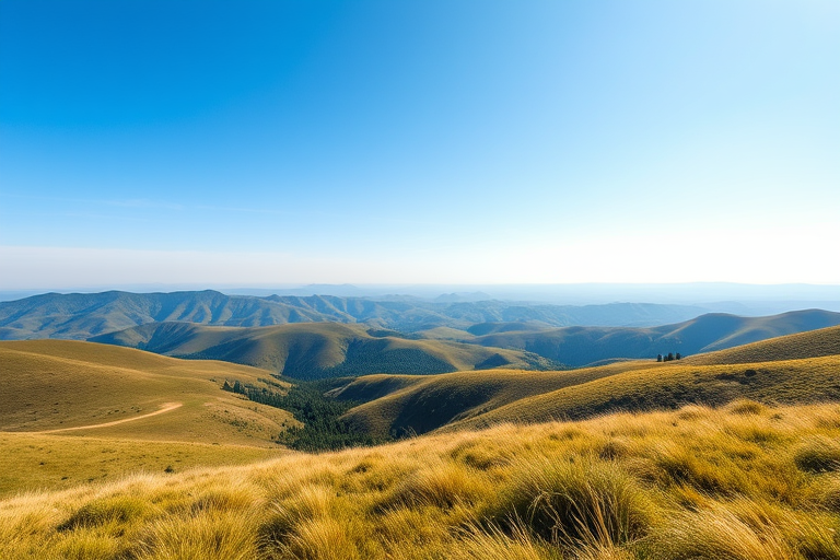 Generate a high-quality image of a serene landscape with rolling hills and a clear blue sky, using a DSLR camera with a 50mm lens at f/1.8, ISO 100, and a shutter speed of 1/250 sec, captured from an eye-level perspective in natural light.