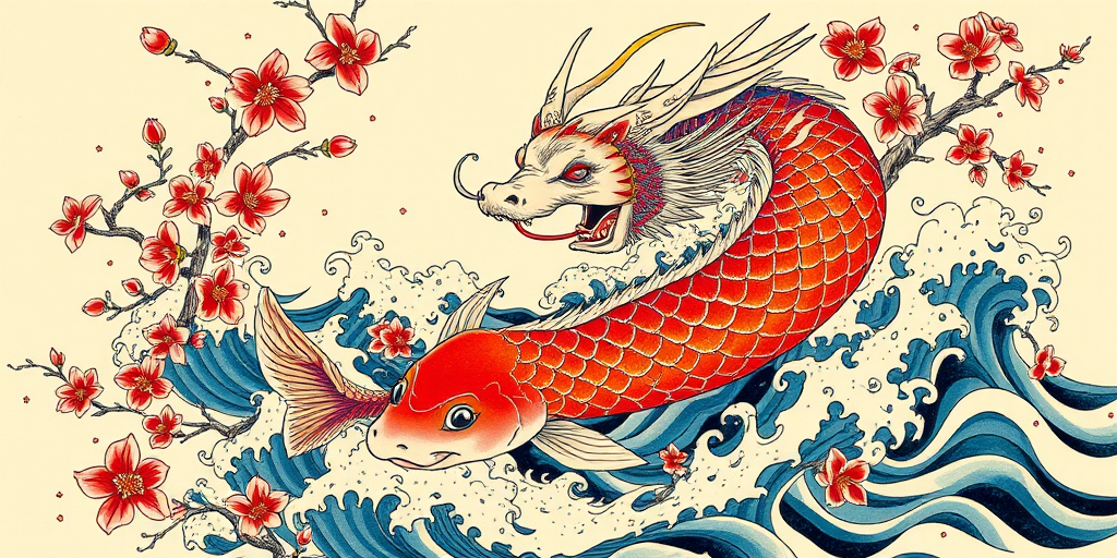 Japanese-inspired irezumi tattoo named "Koi Ascension" featuring a vibrant koi fish transforming into a majestic dragon, surrounded by cherry blossoms and turbulent waves, utilizing traditional techniques and symbolism with a modern color palette, suitable for a full sleeve or back piece