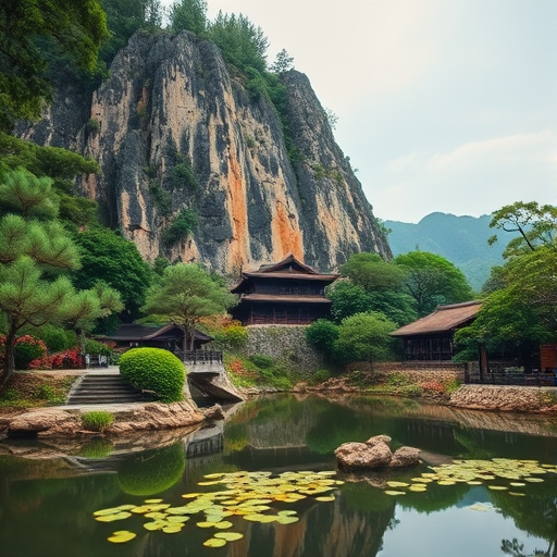 A serene landscape featuring a rocky mountain with traditional Asian architecture, lush greenery surrounding a tranquil pond, captured with a Canon EOS R5, ISO 100, f/8, 24mm lens, in a soft natural light setting for enhanced detail and depth.