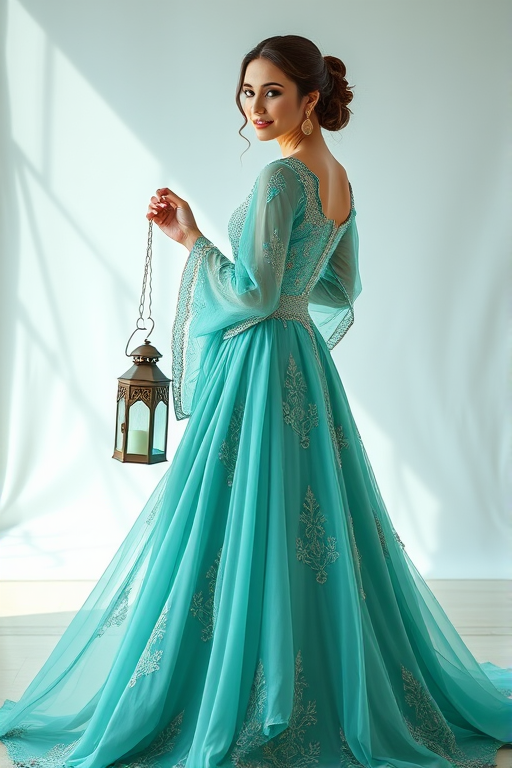 Generate an image of a woman in a flowing turquoise gown with intricate details, holding a lantern in one hand and a circular object in the other, front and side view, using a DSLR camera with a 50mm lens, aperture set to f/1.8 for a shallow depth of field, ISO 100, and natural soft lighting for enhanced clarity and texture.