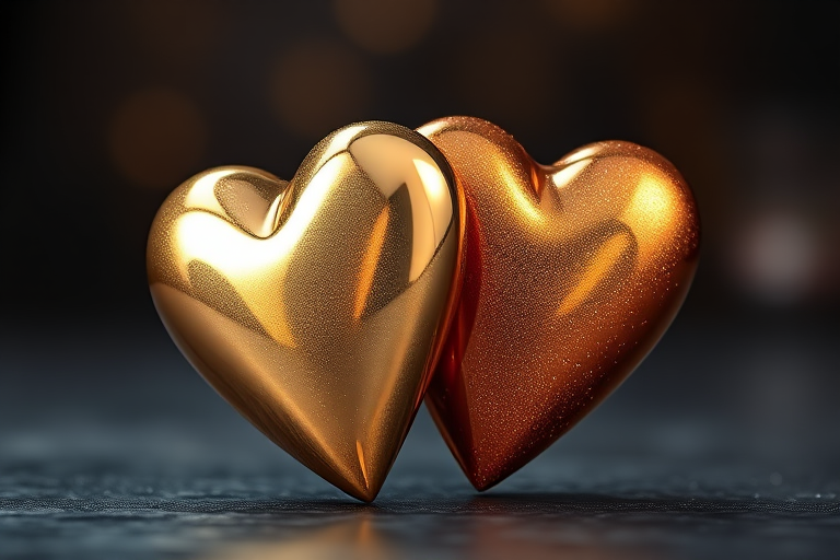Create an image of two intertwined hearts, one gold and one bronze, with a glossy finish and sparkling highlights, captured with a DSLR camera at f/2.8 aperture, 50mm lens, ISO 100, in a low-light environment with a soft focus background.