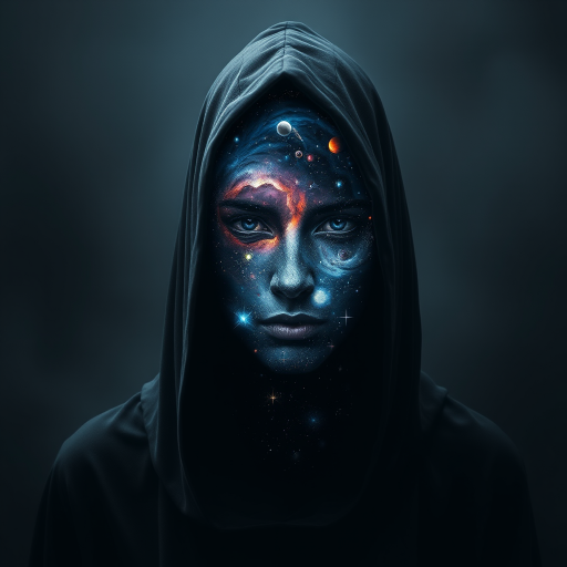 A mysterious hooded figure stands silently, the dark cloak flowing around them like shadows. Beneath the hood, their face is a mesmerizing cosmic scene where swirling galaxies, radiant stars, and vibrant planets form the features. Nebulas drift where eyes should be, glowing softly, while delicate streaks of cosmic energy trace the outlines of a nose and lips. Comets streak across the vastness of their face, and faint constellations pulse with life. The entire visage shifts and evolves as if the universe itself is contained within the figure, giving an ethereal, otherworldly presence to their form.