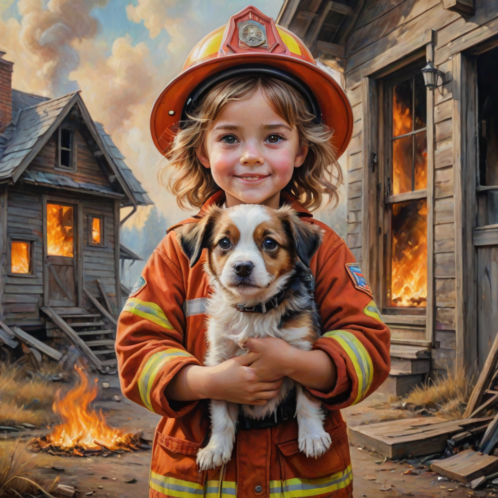 airbrushed oil painting, pixar style, cute little girl in fireman gear, helmet, tousled hair, expressive eyes, standing in the doorstep of a cottage burning behind him, holding a cute little dog in her arm, atumn sky