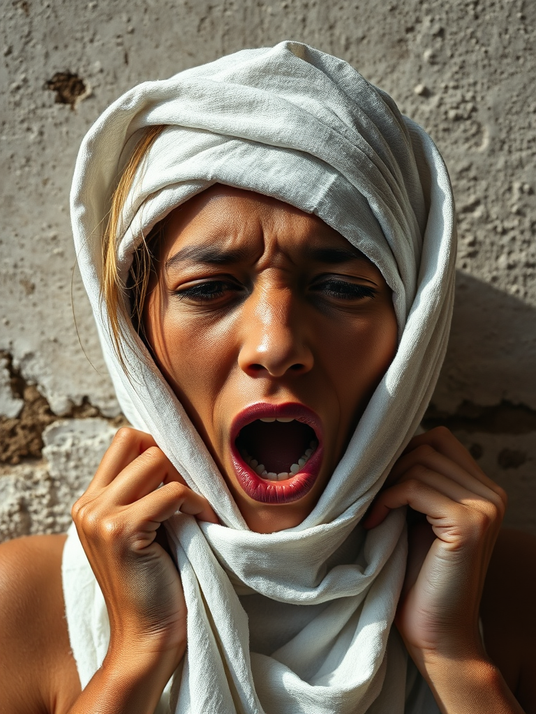 Create a close-up photographic image of a taino woman with light skin tones shown against an old, worn wall. Their head is wrapped in a white cloth covering (i.e.... parts of the head except the nose and mouth, which are open as if they are screaming...), with a slight texture and visible folds in the fabric. Thin strands of blonde hair escape from the wrapping above, falling lightly at the top and sides. Their hands hold the fabric as if they are tugging nervously. The lighting is dramatic and even, casting strong shadows. The image has a minimalist and surreal style with an emphasis on simplicity with soft color tones. The composition is centered.