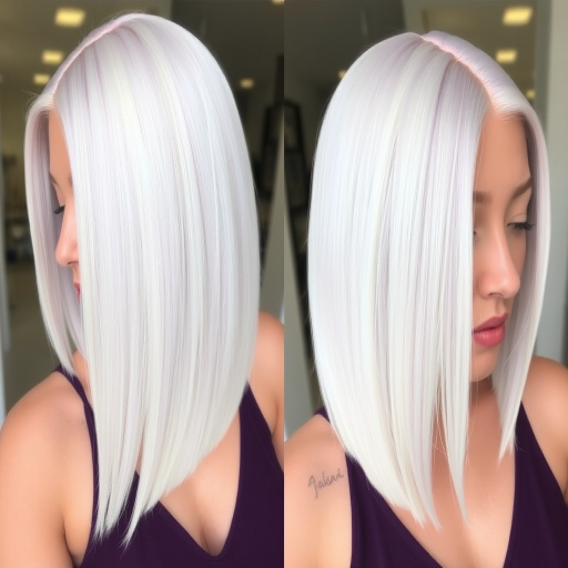 Sleek platinum blonde bob with razor-sharp edges and a deep side part, featuring subtle lavender undertones known as "Ice Queen's Crown" radiating sophistication and confidence