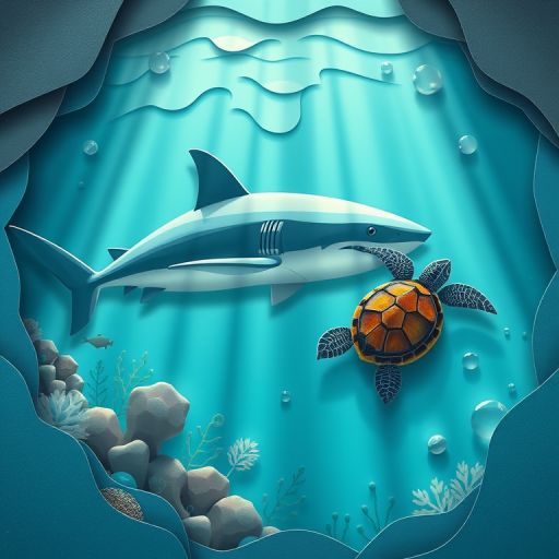 Create a high-quality digital illustration of an underwater scene featuring a shark and a turtle, using a top-down view, with smooth gradients and layered paper cut styles, settings: ISO 100, f/4 aperture, 50mm lens, in a bright, soft light environment.