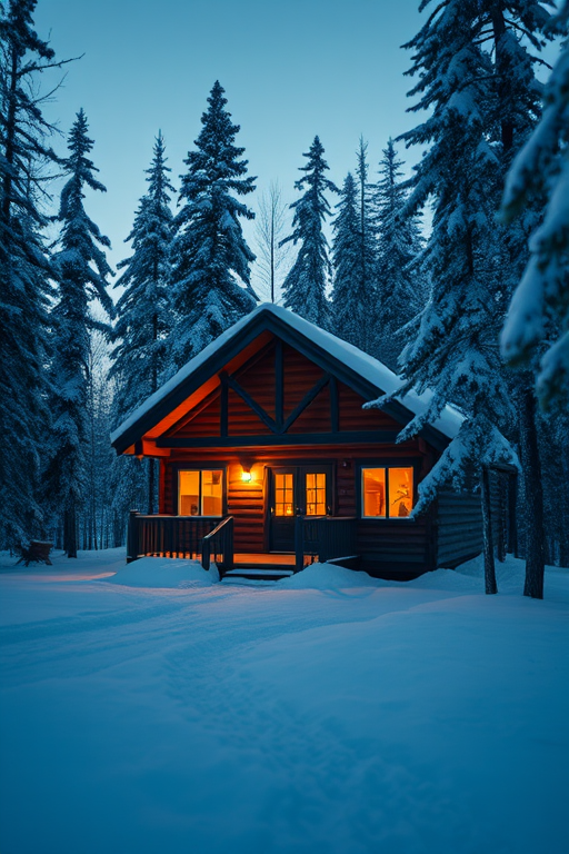 winter cabin in a snowy forest at dusk with warm lights glowing from the windows, taken with a Canon EOS R5, 24mm lens, aperture f/8, shutter speed 1/60, ISO 200, wide-angle view, soft focus background, high dynamic range for enhanced details
