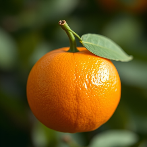 Create a hyper-realistic image of a single orange with a green stem, using a DSLR camera with a 50mm lens, f/1.8 aperture, ISO 100, natural lighting, and a shallow depth of field to enhance texture and detail.