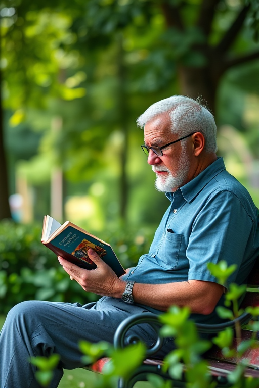 A senior man reading a book on a park bench surrounded by lush greenery, captured with a Canon EOS R5, 50mm lens, f/1.8 aperture, 1/2000 sec shutter speed, natural lighting, shallow depth of field for a blurred background effect.