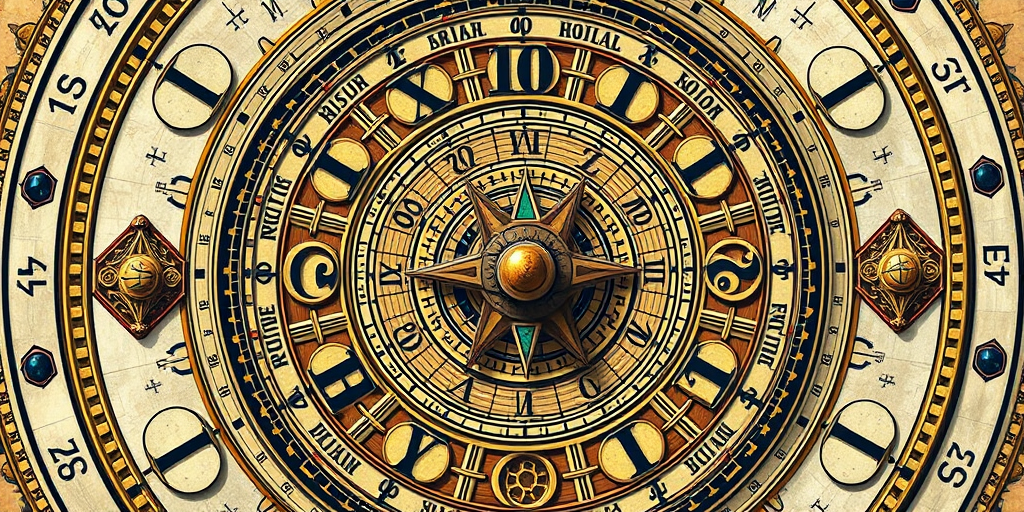 Create a detailed illustration of an intricate astronomical clock featuring celestial motifs and zodiac symbols, using a DSLR camera with a 50mm lens, f/1.8 aperture, 1/60 shutter speed, and ISO 100, with a top-down view and vibrant colors for enhanced clarity.