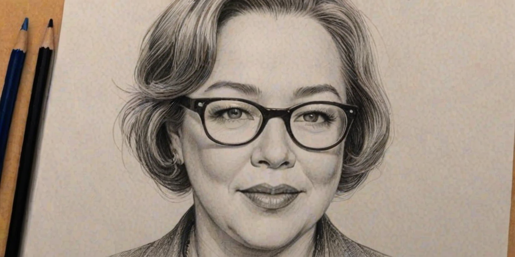 Appealing Kathy Bates, pencil sketch, portrait of Bewitching woman 1925s in glasses, hair style beatnik, outline, clear lines, fine lines, 8k