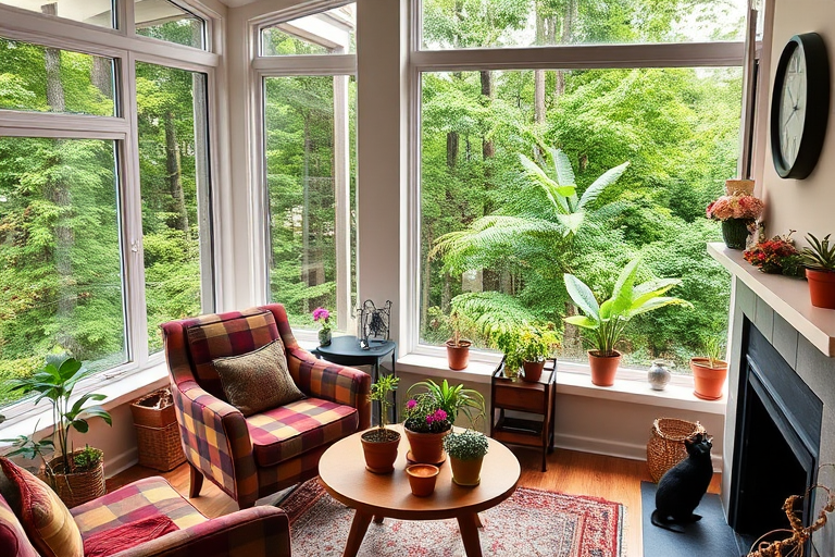 Create an image of a cozy living room with large windows overlooking a lush green forest, featuring a comfortable plaid armchair, a round table with potted plants, various flowers in pots, a fireplace with a small flame, a black cat near the fireplace, and decorative elements like a clock on the wall, in a bright, vibrant style, shot with a Canon EOS R5 at f/2.8, 1/60 sec, ISO 200, using a wide-angle lens for a spacious view.