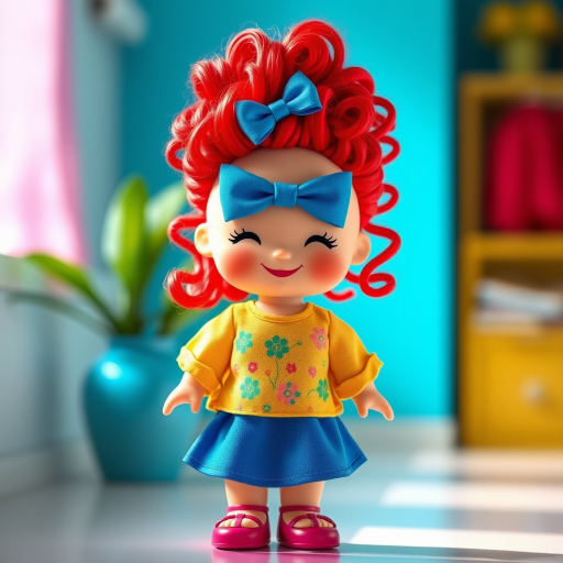 Create a vibrant, cartoon-style image of a cheerful doll with red curly hair wearing a blue bow, a yellow blouse with a floral pattern, and a blue skirt, captured with a DSLR camera at f/2.8 aperture, ISO 100, in a bright, well-lit environment with a shallow depth of field and a 50mm lens.
