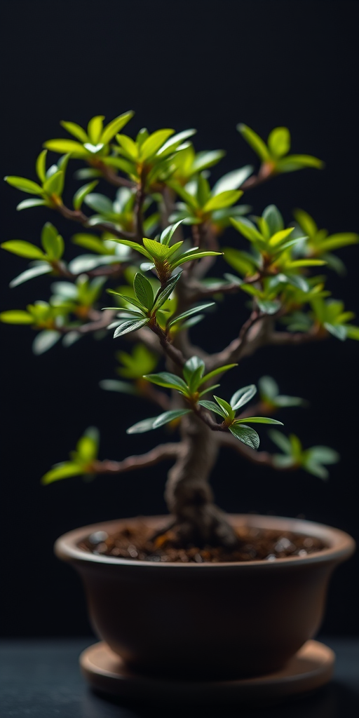 capture a detailed close-up of a bonsai tree with vibrant green leaves, soft studio lighting, shallow depth of field, f/2.8 aperture, 50mm lens, ISO 100, and a Canon EOS R5 camera on a dark background to enhance texture and colors