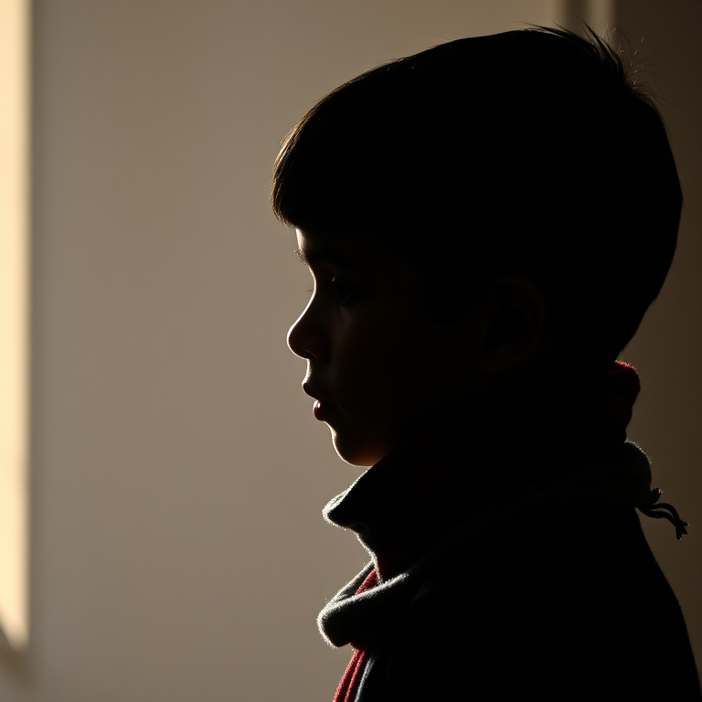 Create a silhouette of a boy with a scarf featuring red and blue stripes, shot in natural light, using a DSLR camera, f/2.8 aperture, 50mm lens, portrait orientation, high resolution.
