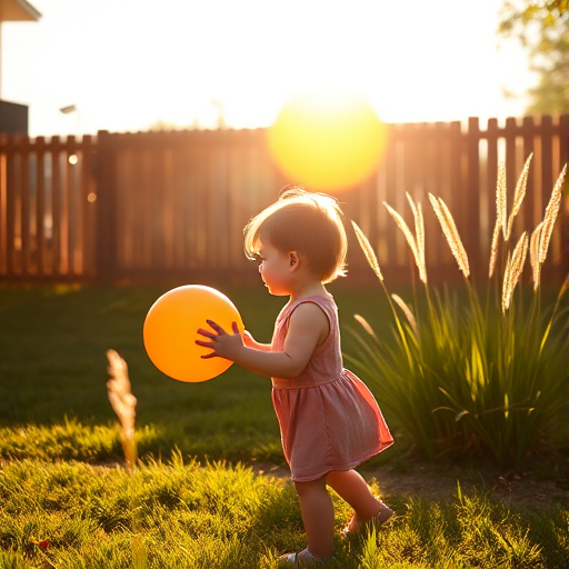 Warm, softly lit image of a toddler playing with a colorful balloon in a sunlit backyard, tall grass swaying in the breeze, with a distant wooden fence casting long shadows.