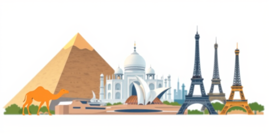 Create a vector-style illustration featuring iconic landmarks such as the Great Pyramid of Giza, a camel, the Taj Mahal, the Sydney Opera House, the Eiffel Tower, and the Statue of Liberty, with a clean white background, captured using a DSLR camera at f/8 aperture, ISO 100, 50mm lens, and a slight tilt-shift effect for depth.