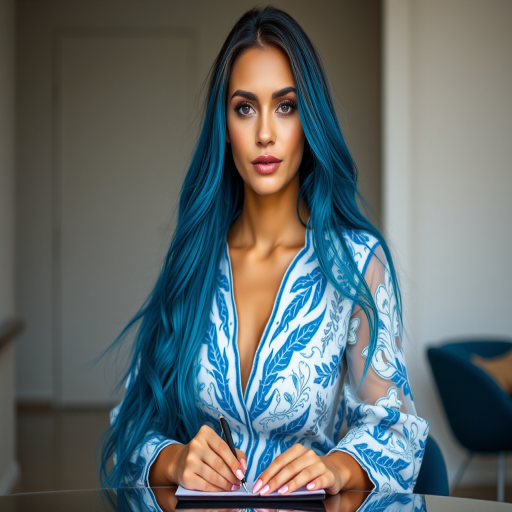 A portrait of a beautiful woman with long, flowing blue hair, wearing an intricate white and blue patterned outfit that resembles natural elements, seated at a table, holding a pen, soft natural lighting, shallow depth of field, 50mm lens, f/1.8, ISO 100, in a minimalist modern setting, vibrant color palette.