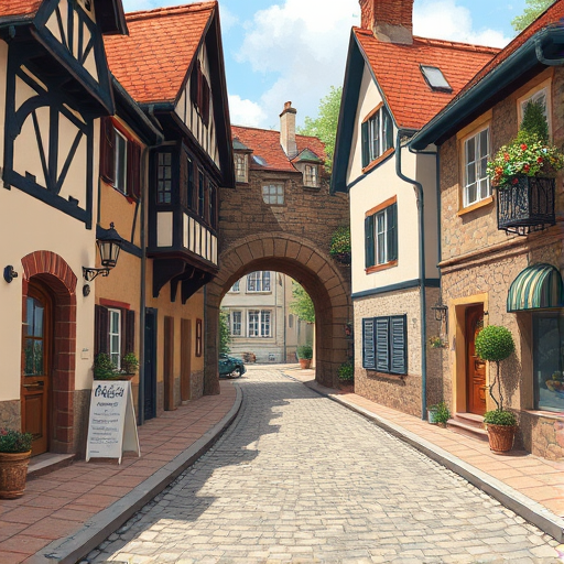 Create a high-resolution illustration of a quaint village street with detailed old houses, cobblestone paths, and a stone archway, using a DSLR camera at f/8 aperture, 24mm focal length, ISO 100, in natural light to enhance colors and textures, with a slight tilt-shift effect to provide depth.