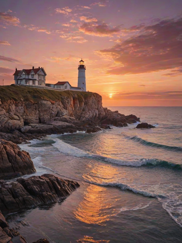 Generate an image of a tall lighthouse perched on a rocky outcrop surrounded by calm ocean waters during a breathtaking sunset. The lighthouse stands sturdy and weathered, its stone surface illuminated by the warm golden light of the setting sun. The sun's rays pass directly through the glass lantern room at the top of the lighthouse, casting a brilliant light across the scene. The sky is painted with vibrant shades of orange, pink, and purple, reflecting off the tranquil sea. The surrounding water shimmers with the same warm hues, creating a serene and majestic atmosphere.