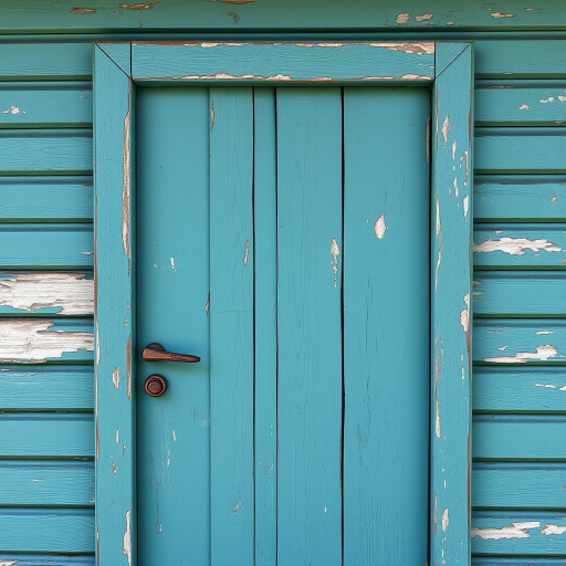 Create a high-resolution image of a weathered teal wooden door with peeling paint and visible grain, captured with a Canon EOS R5 at f/2.8, ISO 100, with a focal length of 50mm in natural lighting, viewed straight on with a slight vignette effect for depth.