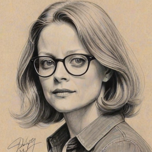 Bewitching Jodie Foster, pencil sketch, portrait of Dazzling woman 1937s in glasses, hair style beatnik, outline, clear lines, fine lines, 8k