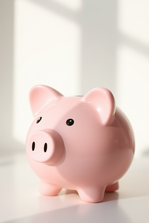 A pink piggy bank sitting on a white surface, captured with a Canon EOS R5, 50mm lens, f/2.8 aperture, ISO 100, 1/125s shutter speed, in soft natural lighting, viewed at a slight angle to highlight its features and texture.