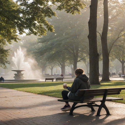 Foggy morning in a city park, a woman sits on a bench near a fountain, her coffee cup steaming in the cool air as she watches joggers pass by.