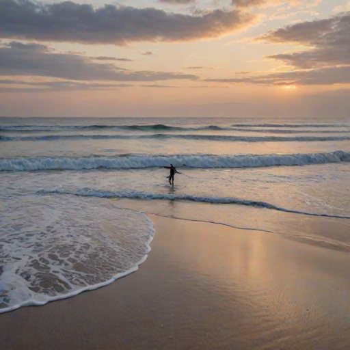 Peaceful beach scene at dawn, gentle waves lapping at the shore, with a lone surfer paddling out to catch the early morning swell.