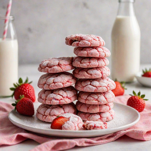 Create an image of a stack of pink crinkle cookies on a white plate, with a fresh strawberry beside them. Include a glass bottle of milk in the background and a soft, bright setting. The cookies should have a textured, powdered sugar appearance.