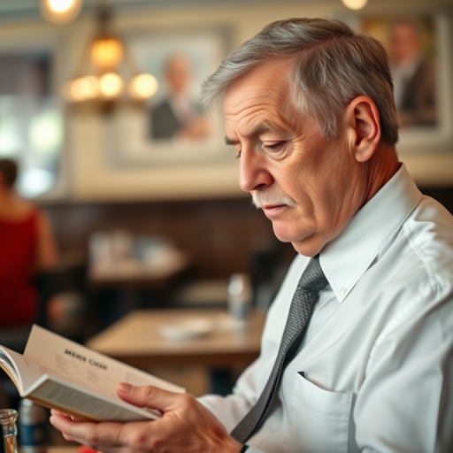 elderly man in a white shirt and tie reading a menu at a restaurant with blurred background, depth of field focus, 50mm lens, f/1.8 aperture, ISO 200, natural light, shallow focus, portrait orientation, DSLR camera