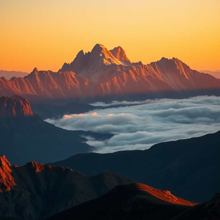 landscape of majestic mountains illuminated by sunset with clouds below, warm golden and cool blue color tones, shot with a Canon EOS 5D Mark IV, 24mm lens, f/8 aperture, ISO 100, 1/60 sec shutter speed, wide-angle view, high dynamic range photography