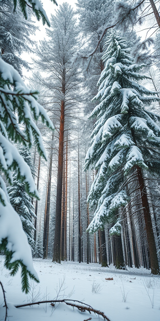 capture a snowy forest scene with snow-laden pine trees, low-angle view, use a DSLR camera, aperture f/4, shutter speed 1/125s, ISO 200, natural light for enhanced texture and detail.