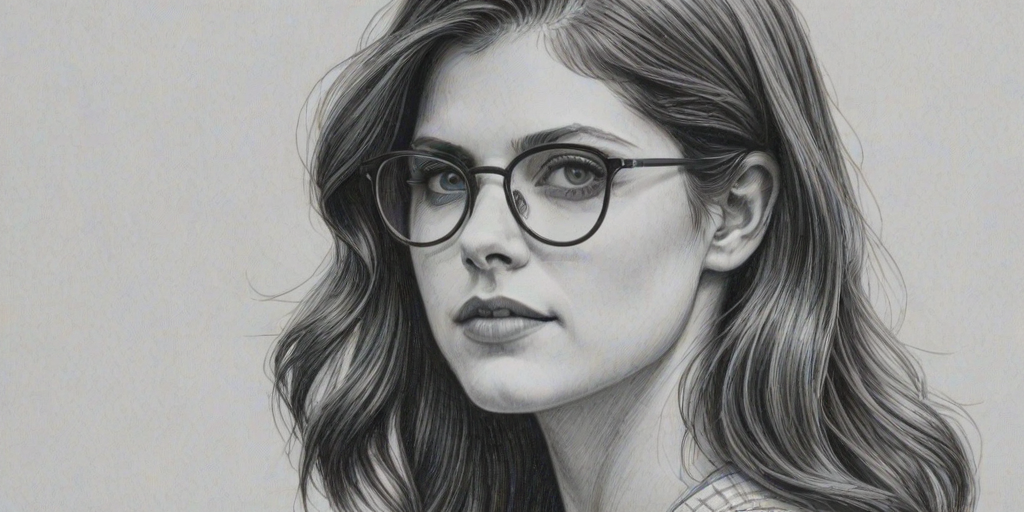 Sublime Alexandra Daddario, pencil sketch, portrait of Superb woman 1923s in glasses, hair style beatnik, outline, clear lines, fine lines, 8k