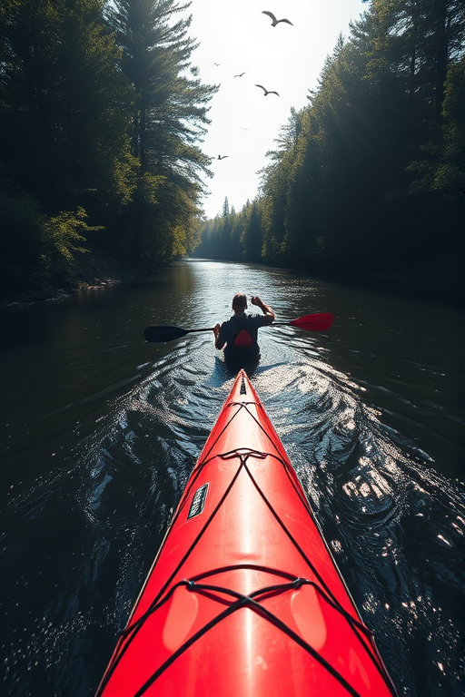 Sharp, high-contrast photo of a kayaker paddling through a narrow river, sunlight filtering through the trees overhead, soft ripples in the water from the paddle strokes, distant birds flying overhead, shadows from the trees dancing on the water's surface.