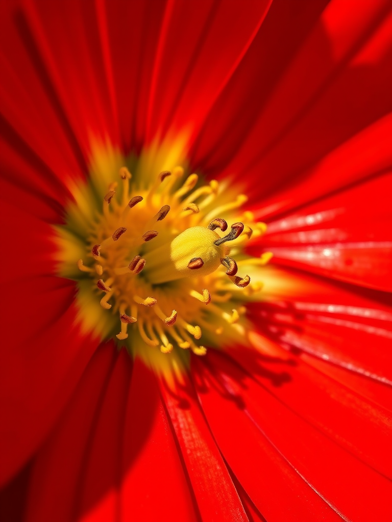 create a high-resolution illustration of a vibrant red flower with a detailed yellow center, using a macro lens at f/2.8 aperture, ISO 100, with soft natural lighting for enhanced color saturation and depth, in a digital art style.