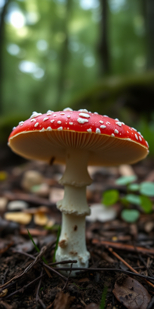 mushroom in forest setting, macro photography, focus on vibrant red cap with white spots, shallow depth of field, 50mm lens, f/2.8, ISO 100, natural light, slight underexposure for enhanced texture, DSLR camera