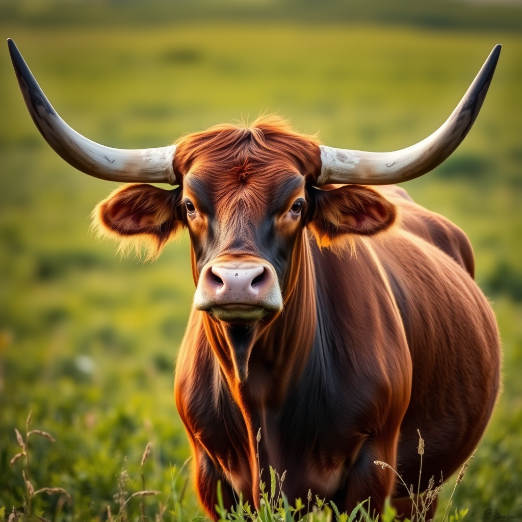 A detailed portrait of a majestic longhorn bull standing majestically in a lush green field, captured with a DSLR camera at f/2.8 aperture, ISO 100, 1/200 sec shutter speed, using a 50mm lens for a shallow depth of field with soft background blur, early morning light for enhanced clarity and vibrancy.