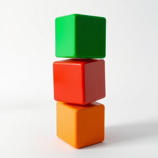Create a high-resolution image of three stacked 3D cubes in green, red, and orange colors on a white background, with a Canon EOS R5 camera, ISO 100, f/2.8 aperture, and 50mm lens, using soft diffused lighting for enhanced shadow details.