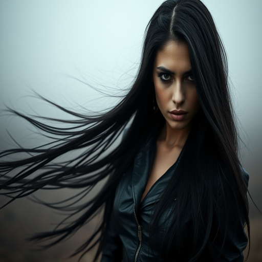 Create a high-contrast, detailed portrait of a mysterious woman with long flowing black hair, wearing a dark leather outfit, set in a foggy landscape, shot with a Canon EOS R5, 50mm lens at f/1.8, ISO 100, with dramatic lighting to enhance shadows and highlights.